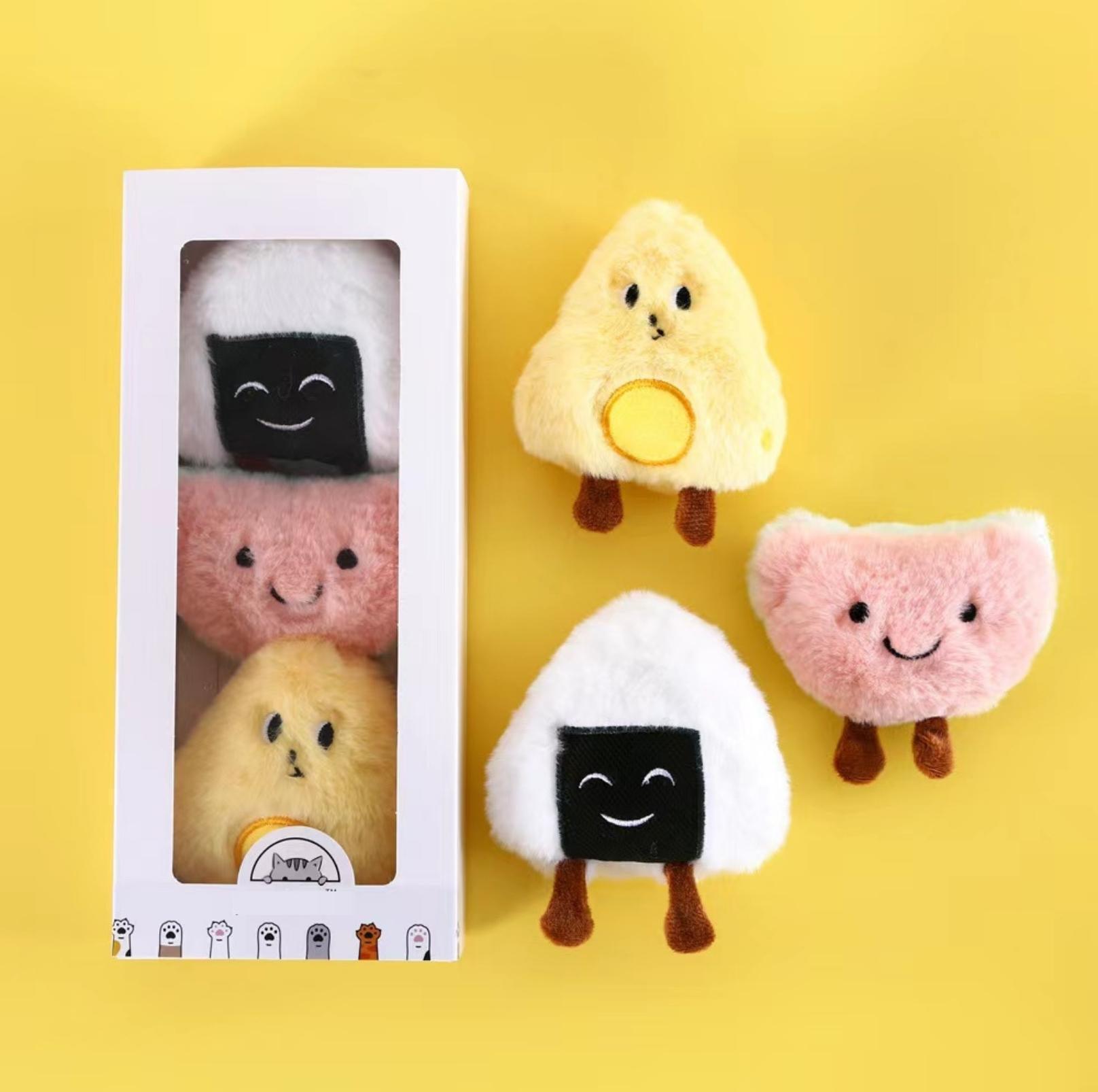 Adorable Rice Ball-Style Plush Cat Toy Set of 3 with Bells and Catnip