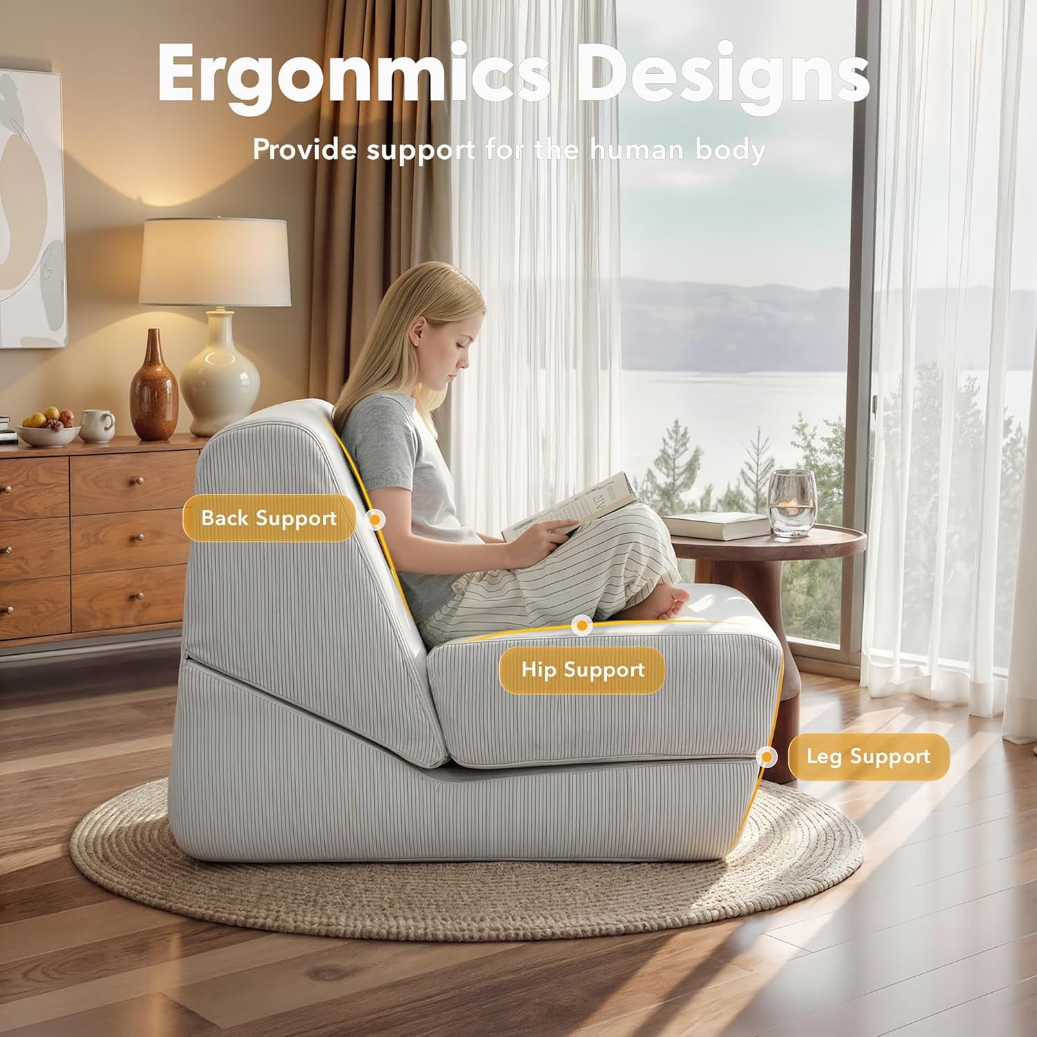 Folding Sofa Bed, 3 in 1 Convertible Sleeper Chair, Floor Couch with Back Support, Single Chair Bed for Living Room