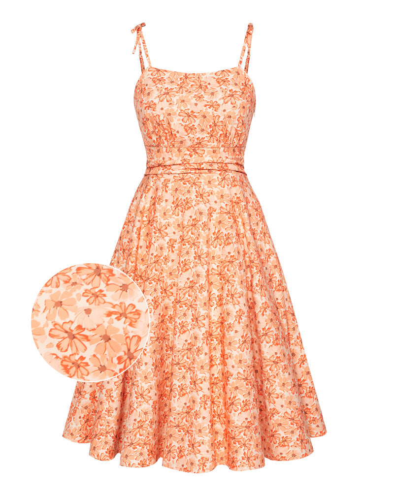 Vintage Floral Pattern Slip Dress Spaghetti Straps Ruched Bodice Below Knee Dress