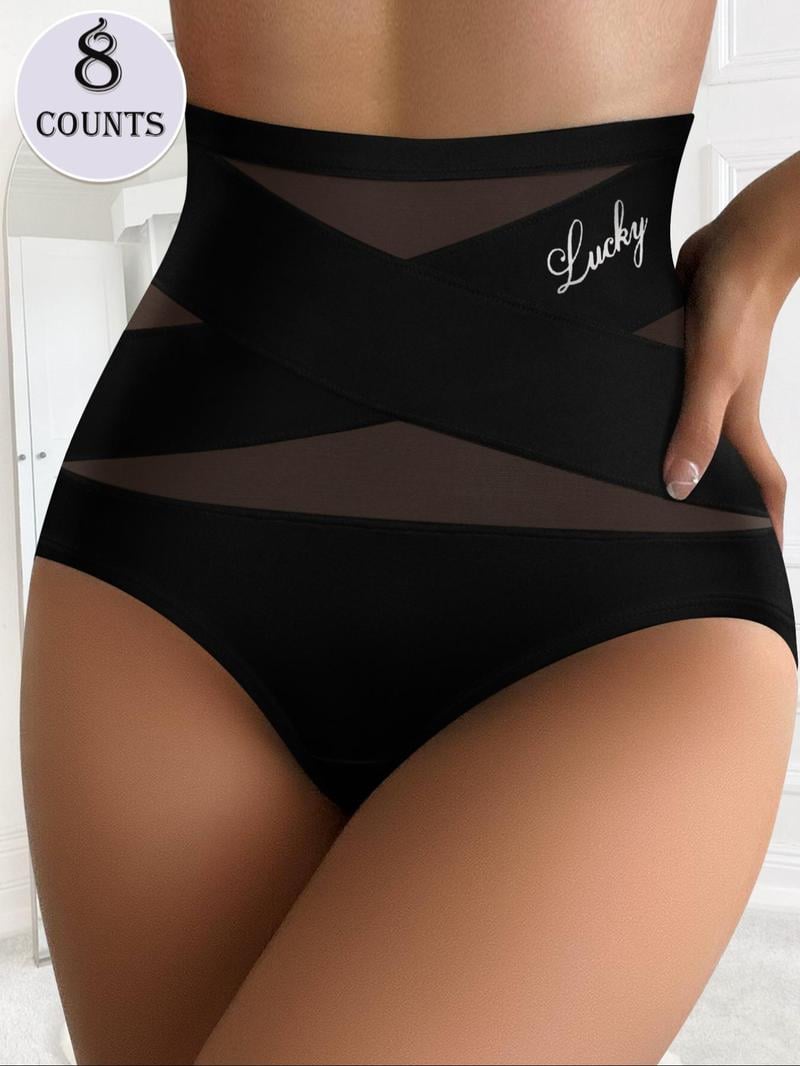 Women's Letter Print Contrast Mesh Criss Cross High Waist Briefs
