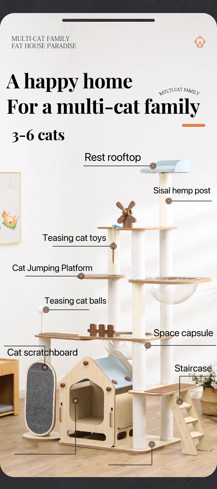 167cm Windmill Cat Tree | Comprehensive Space Capsule Wood Cat Towers