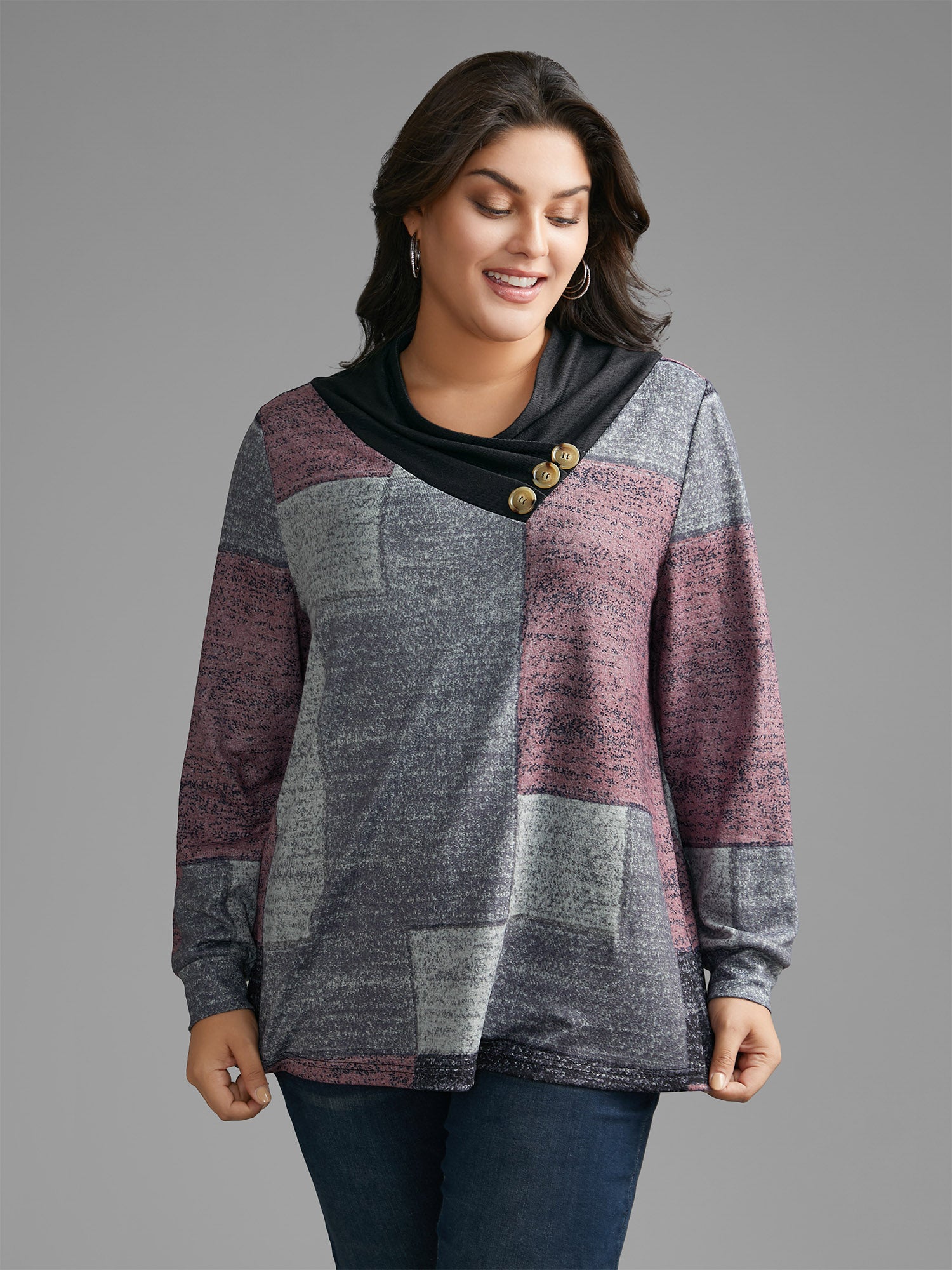 Asymmetrical Colorblock Button Detail Pleated T-shirt