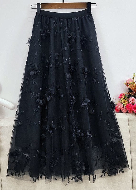 Simple Pink Embroidered Floral Tulle Maxi Skirt Summer