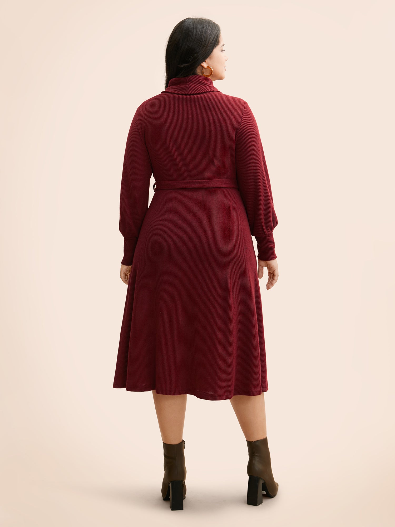 Turtleneck Belted High Stretch Knit Dress