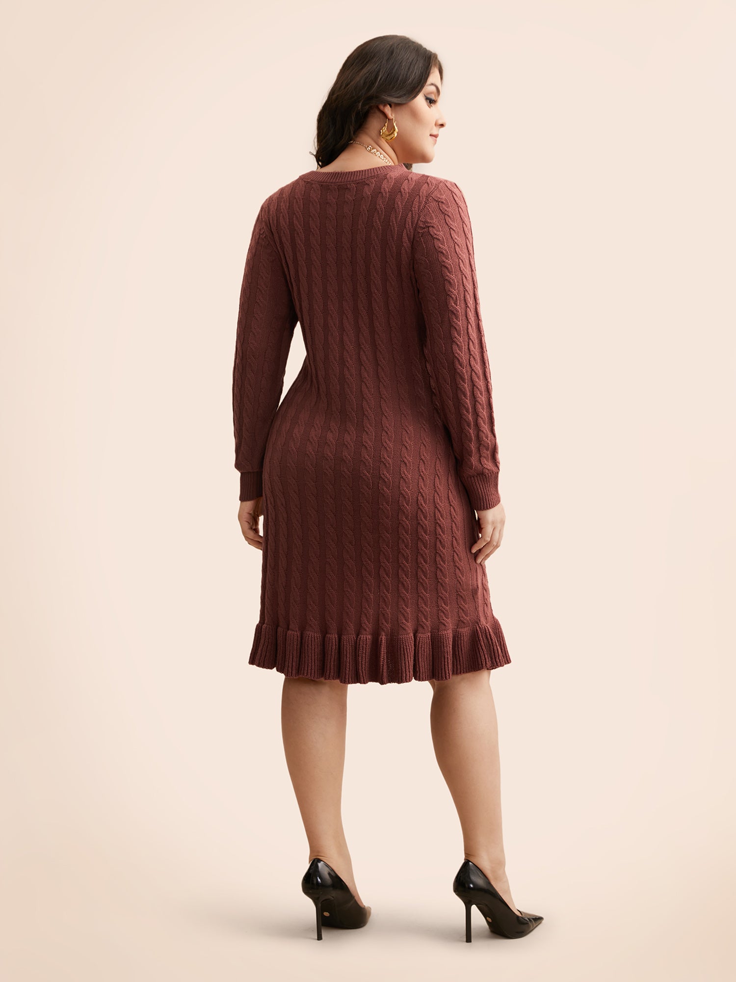 Round Neck Cable Knit Ruffle Trim Sweater Dress