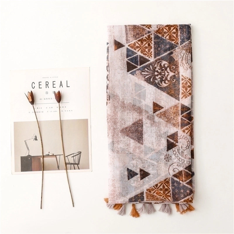 Yarn Cotton Linen Scarf Caramel Contrast Color Carving Floral Tassel Scarf Shawl