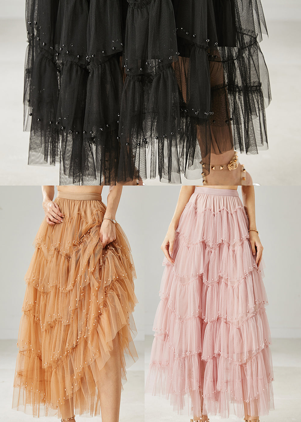 Pink Nail Bead Layered Tulle Beach Skirt Summer