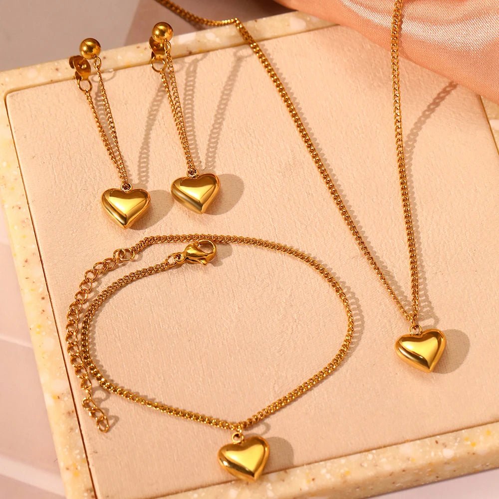 Dainty Heart Chain Necklace. Bracelet. and Earring Set
