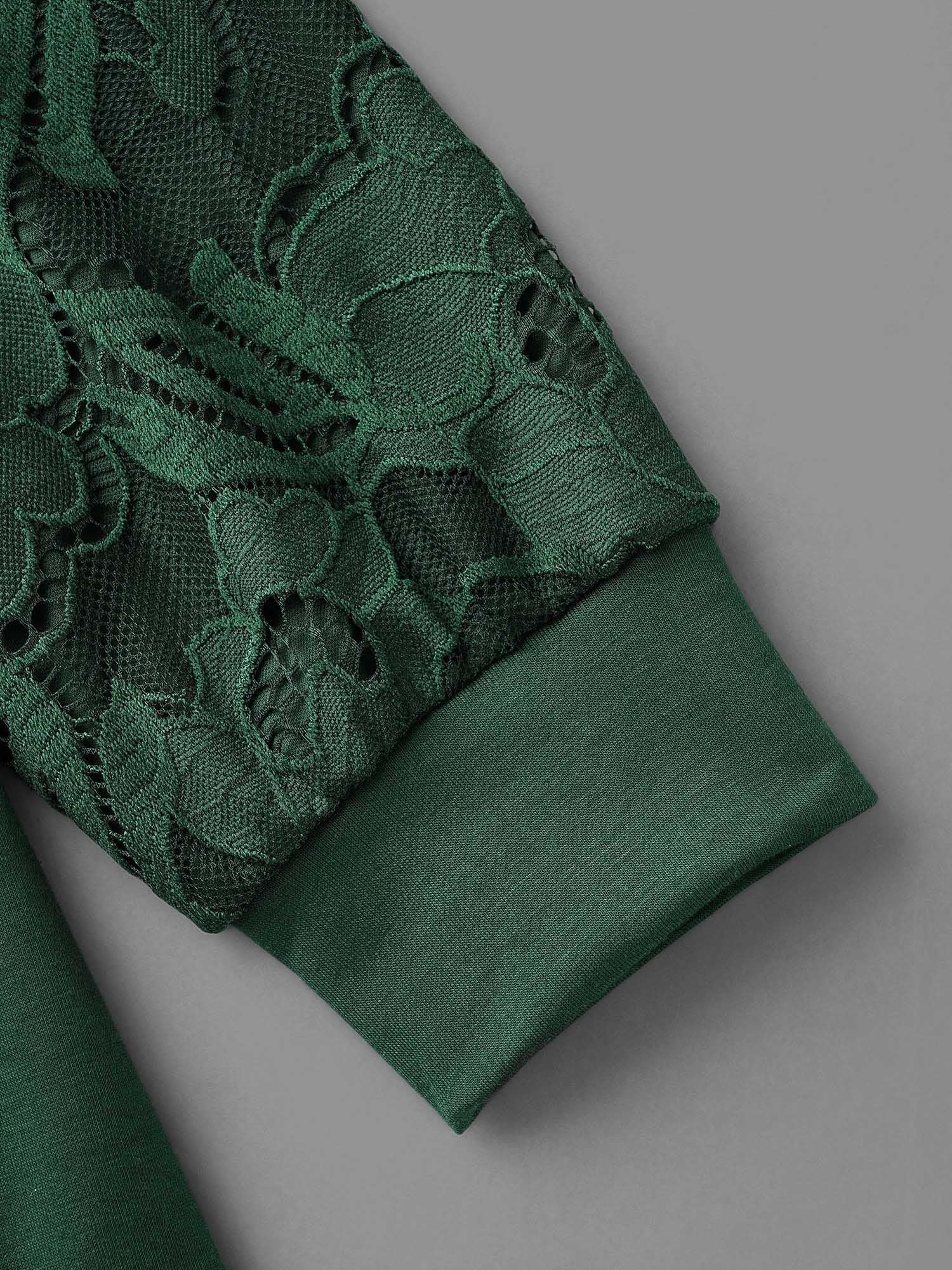 Lace Patchwork Pocket Hooded Drawstring Sweatshirt