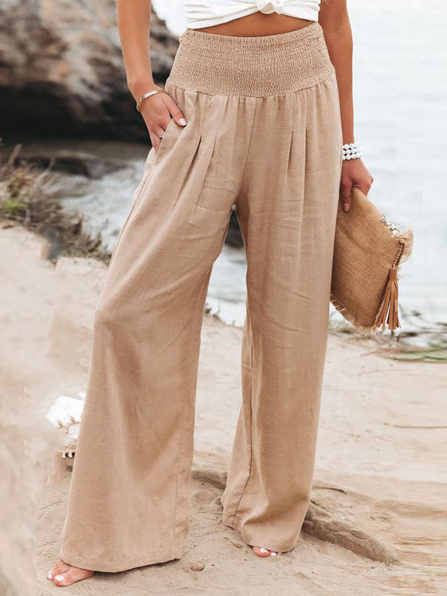 Fresh Air Linen Blend Pocketed Smocked Pants(10 Colors)