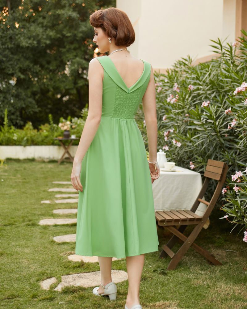 Vintage Strawberry Patterns 1950s Cocktail Swing Dresses Summer Square Neck Sleeveless A-Line Midi Dress with Pockets