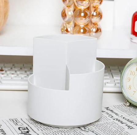 Rotating Pen Holder With Multiple Compartments. Office Home School Storage Box (White)