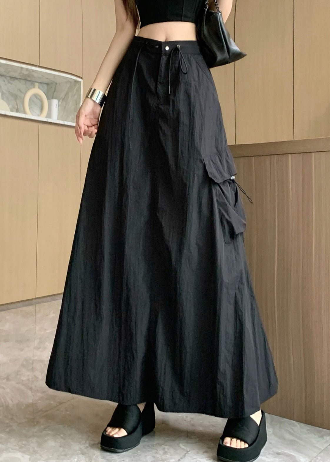 Women Black Pockets Drawstring High Waist Cotton Skirts Summer