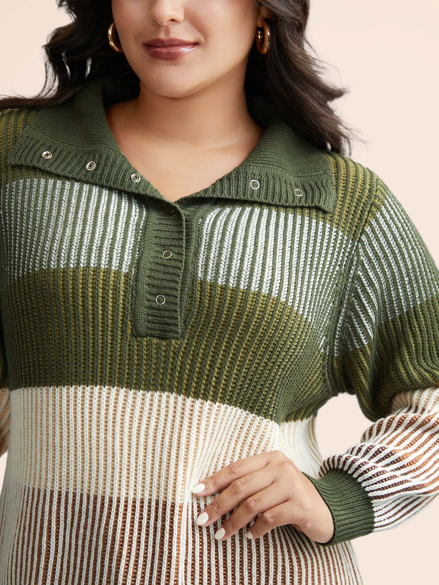 Polo Neck Texture Contrast Button Up Pullover