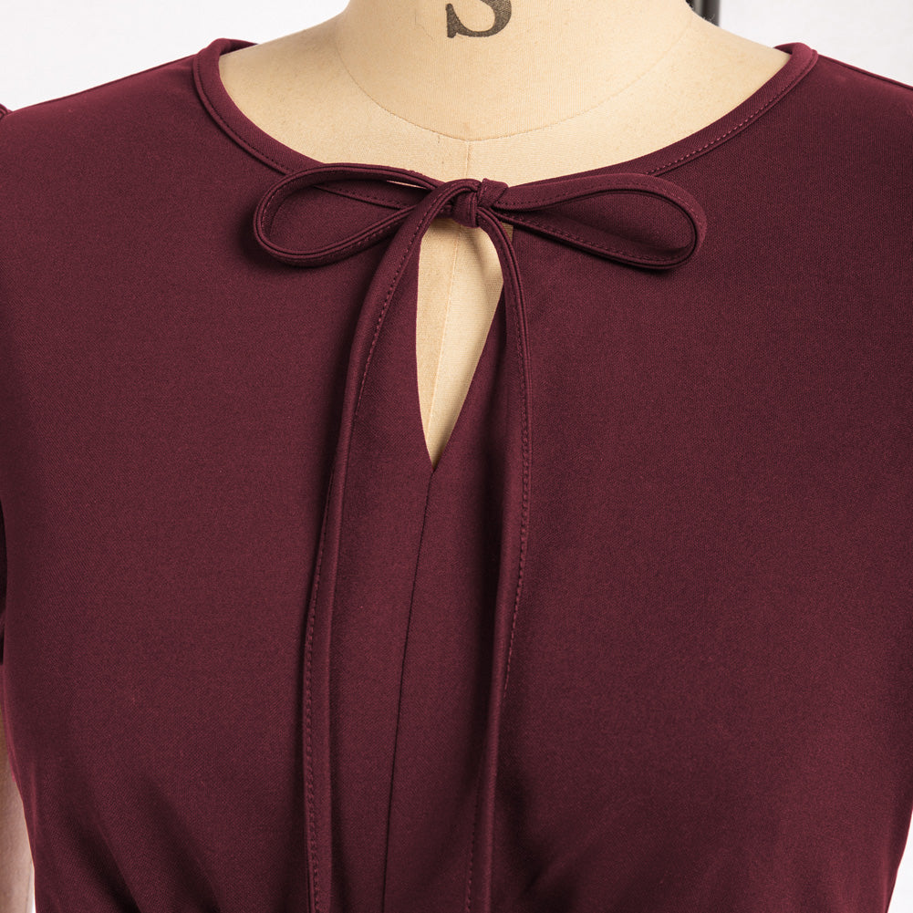 Vintage Lemon Patterns A-Line Swing Dress Keyhole Tie Dress Round Neck Work Dress Tea Dress