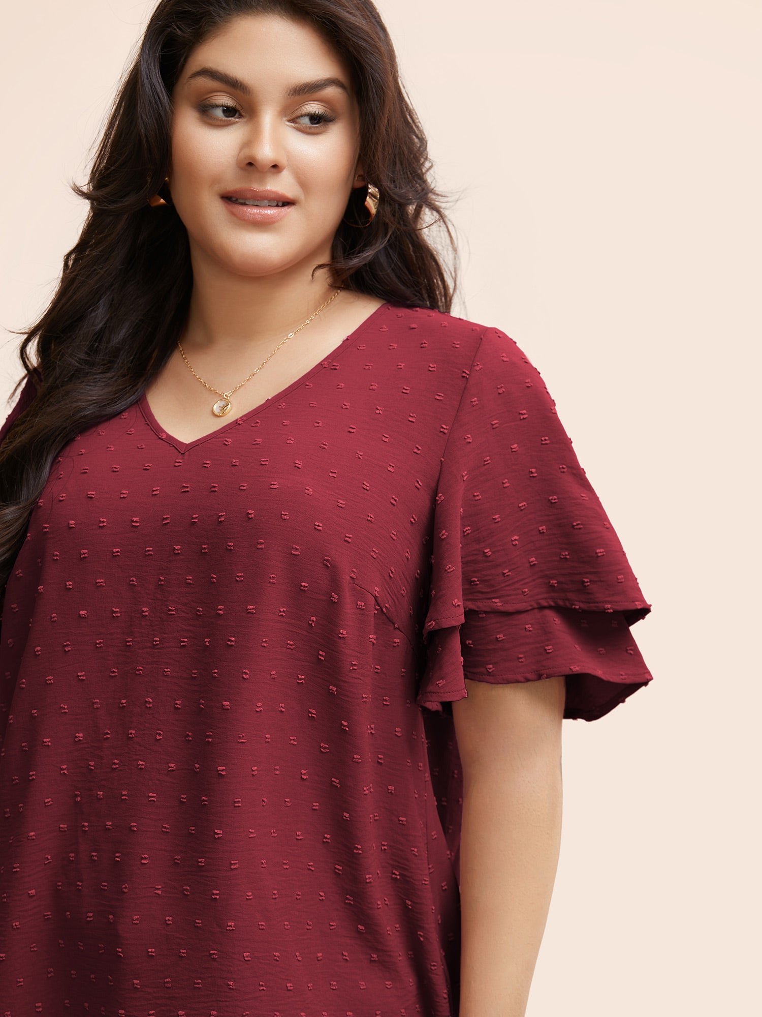 Plain Ruffle Tiered Sleeve V Neck Polka Dot Blouse