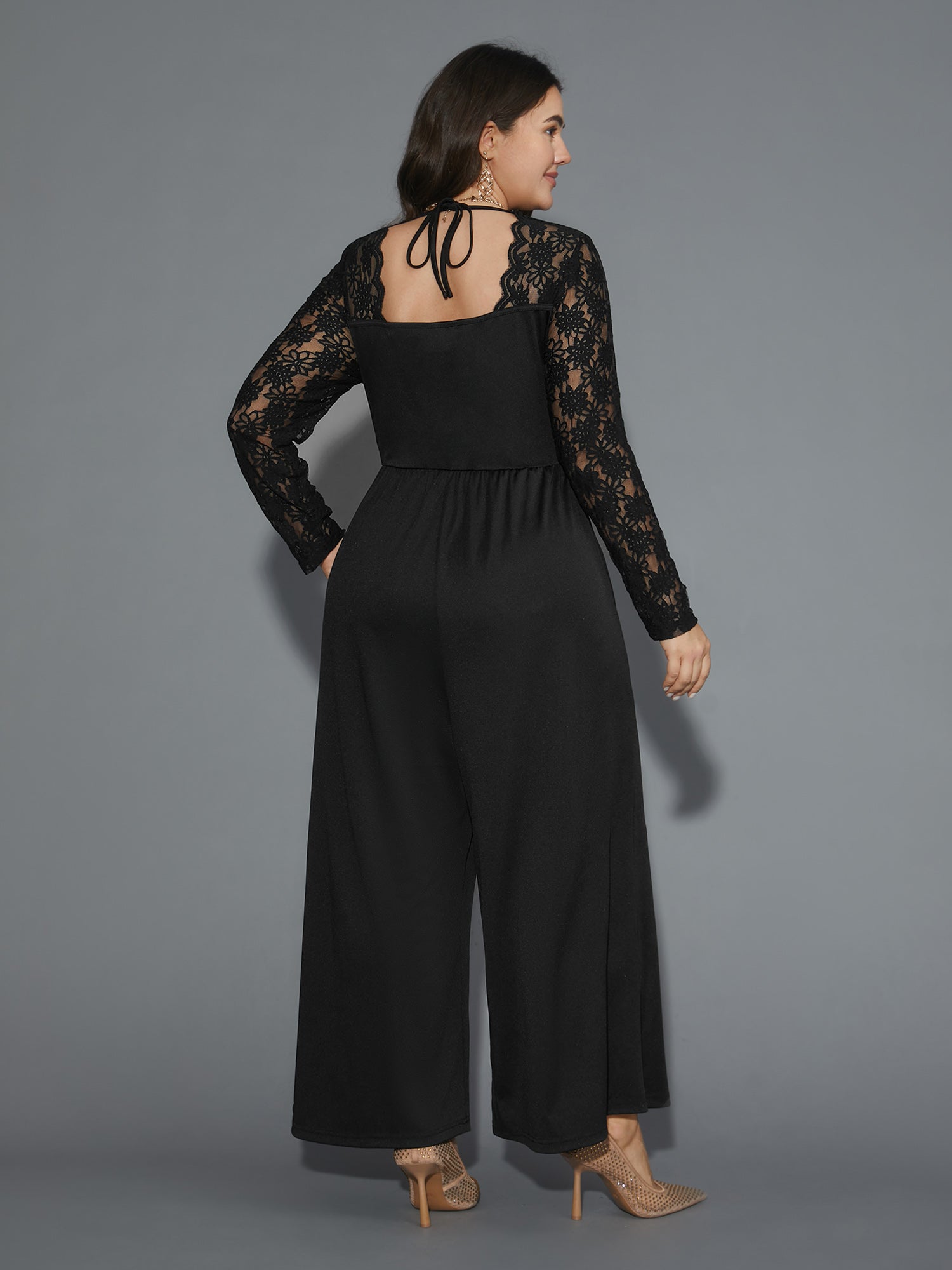 Lace Mesh Sleeves Square Neck Jumpsuit