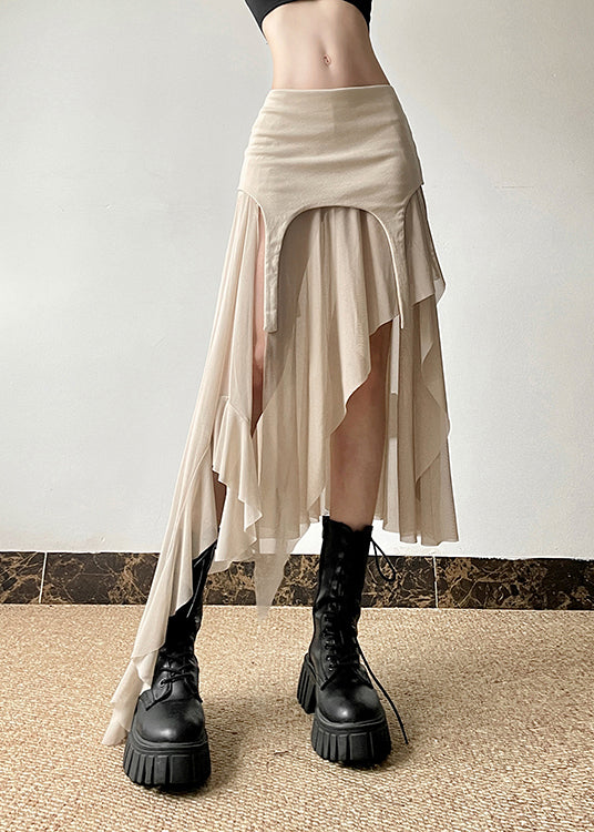 Modern Khaki Asymmetrical Patchwork Side Open Tulle Skirt Summer