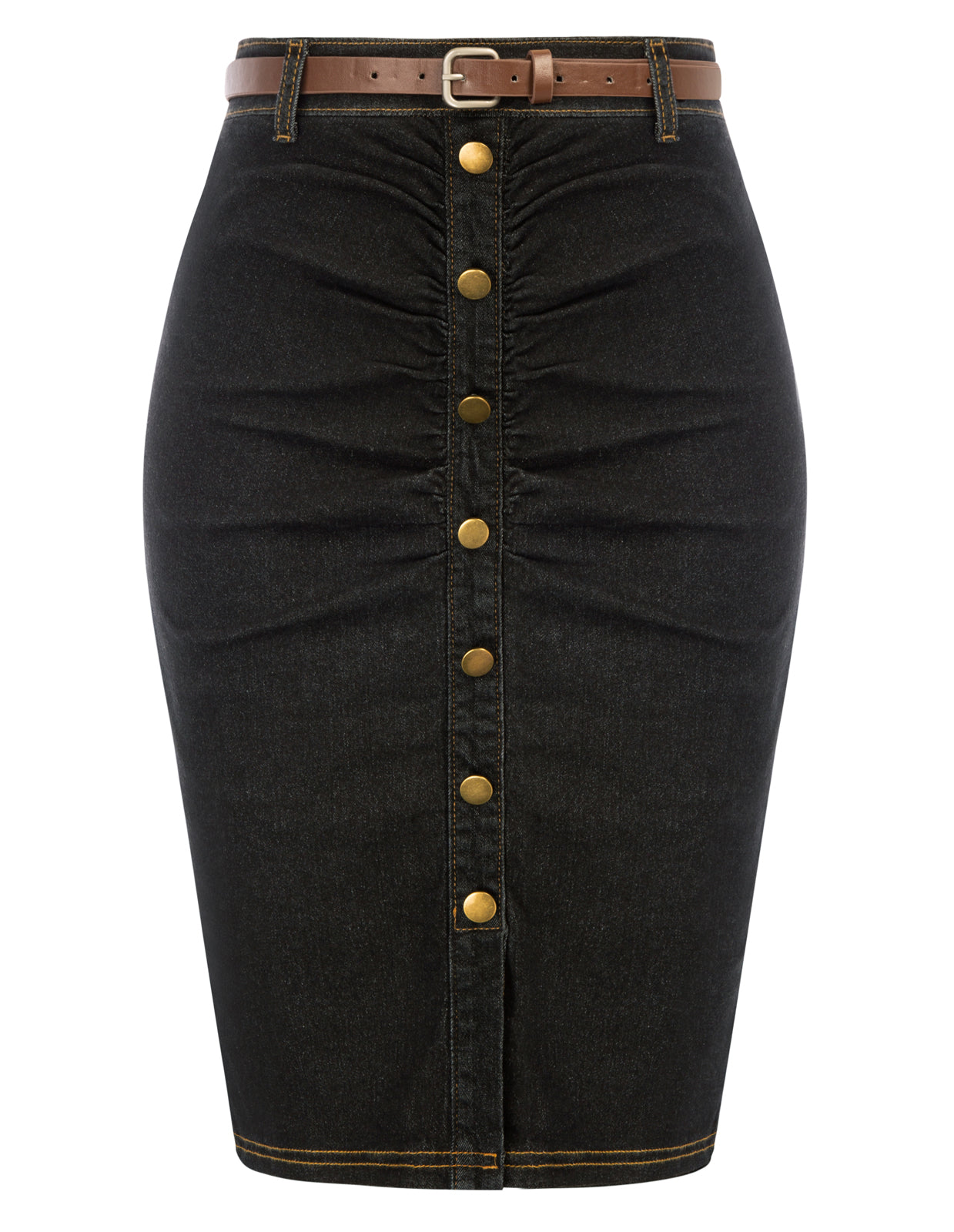 Vintage Jean Skirt with Belt High Waist Ruched Front Bodycon Skirt