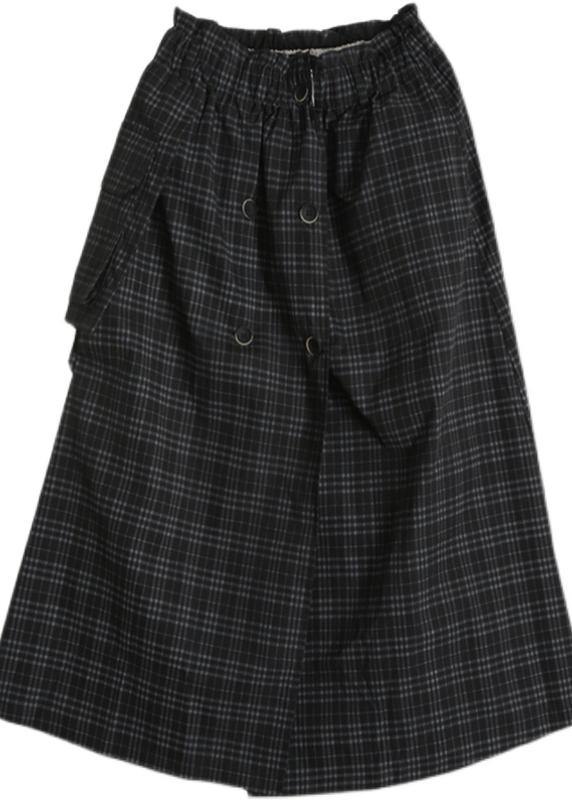 Bohemian Black Plaid Button Pockets Summer Cotton Skirts