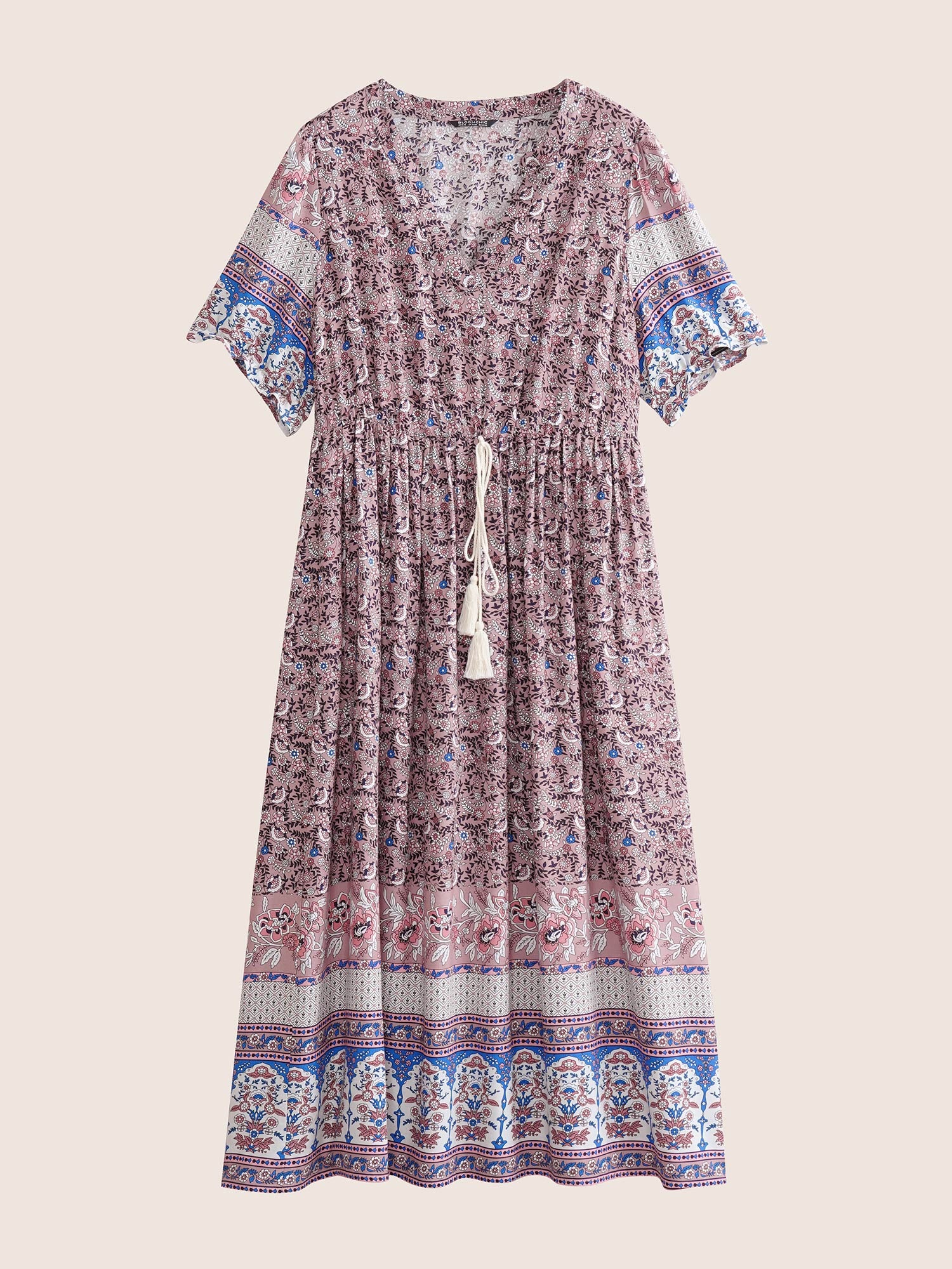Boho Print Notched Ties Tassel Trim Dress