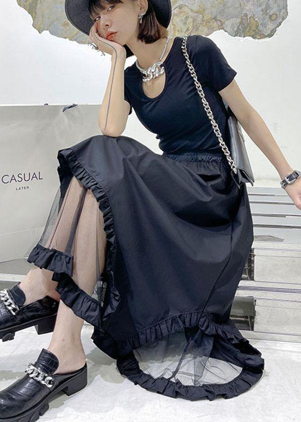 Loose Black Patchwork Tulle Cotton Skirt