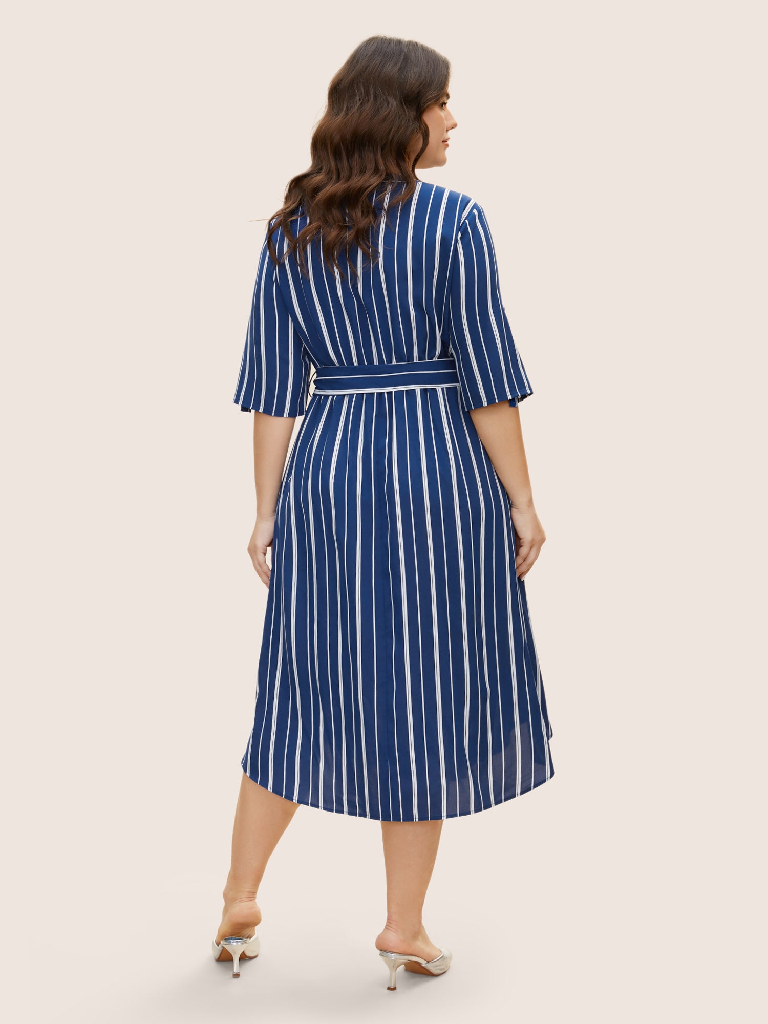 Notched Striped Button Cuff Sleeve Dress