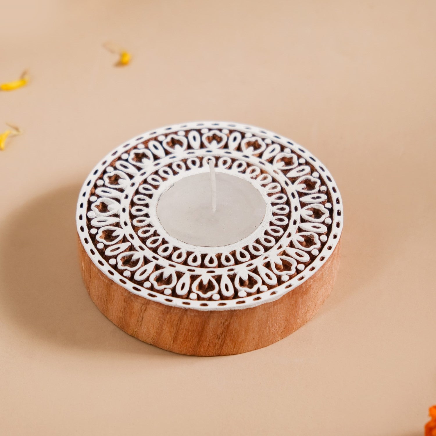 Set Of 2 Mandala Wooden Block Candle Tea Light Holders