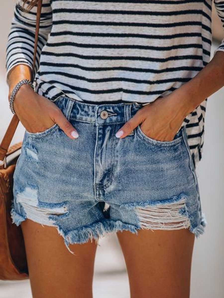 Buttons Fringed Jeans Shorts