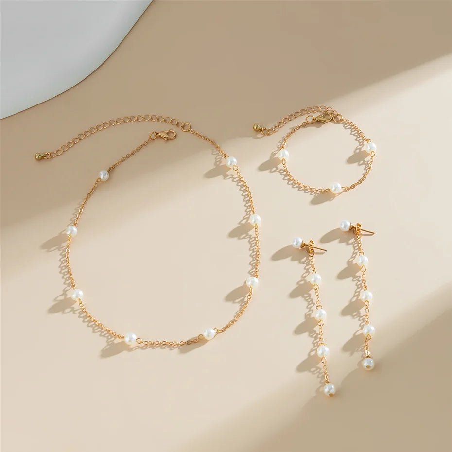 Dainty Chain Pearl Bracelet. Necklace. and Earring Set