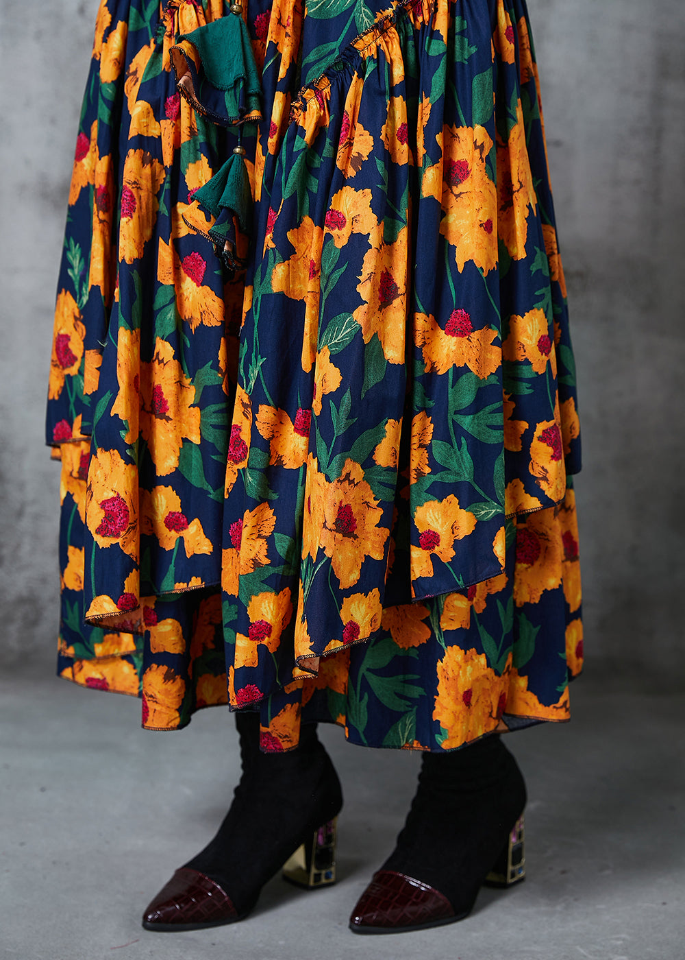 Yellow Print Exra Large Hem Chiffon Skirt Spring