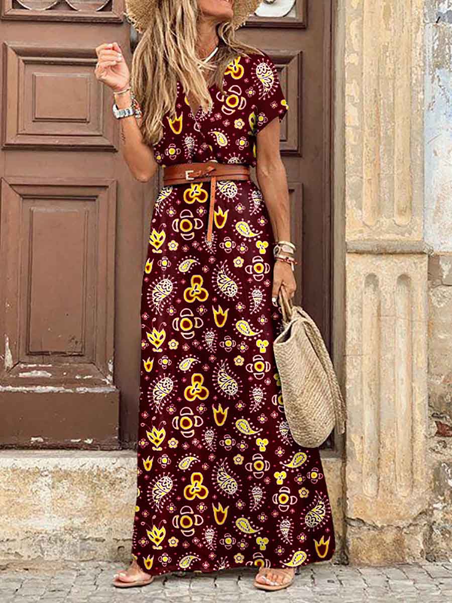 Style V-neck Floral Belt Dress (7 colors)
