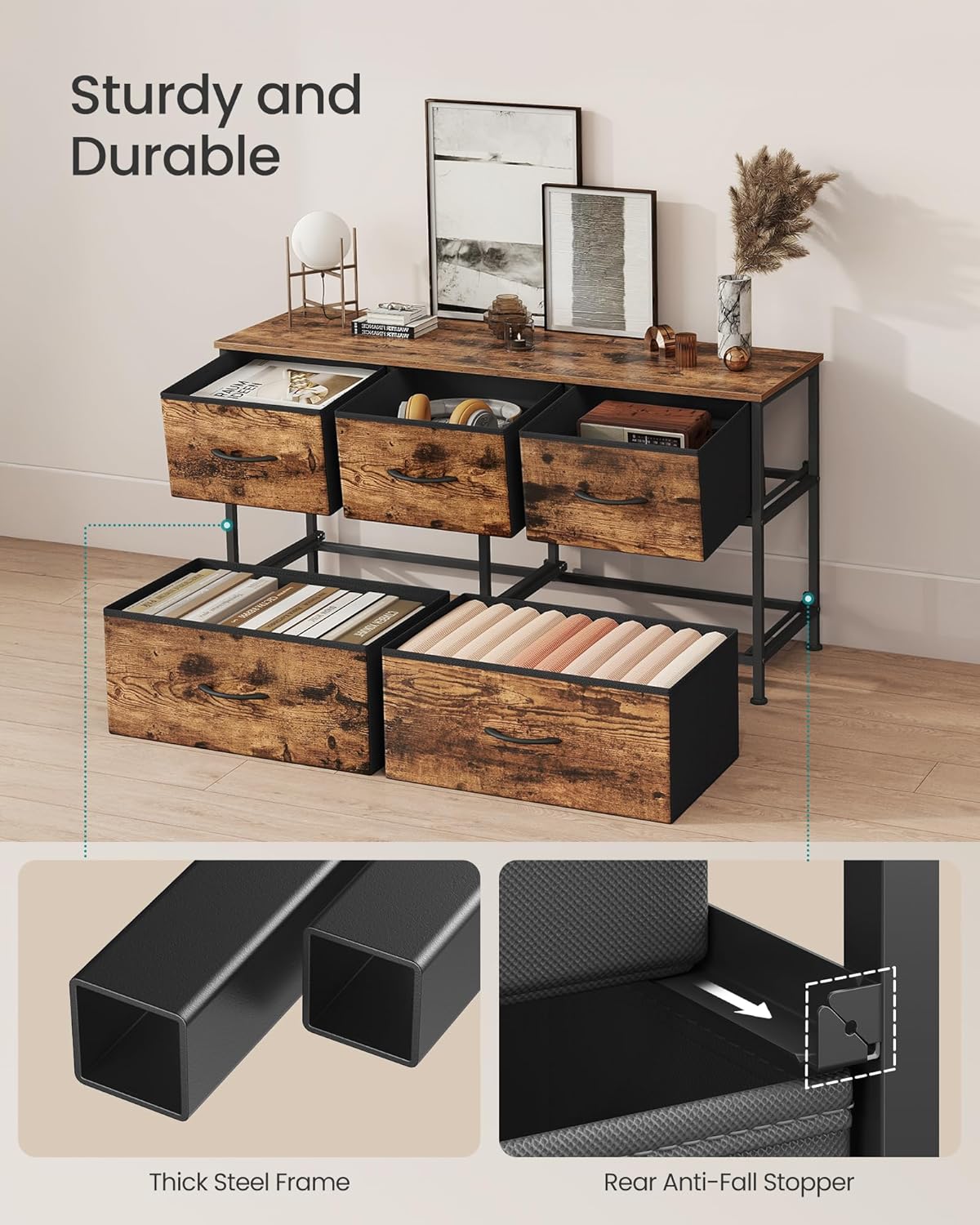 SONGMICS Dresser for Bedroom, Chest of Drawers, TV Stand, Steel, MDF, 5 Non-Woven Fabric Drawers, Storage Organizer Unit, Closet, Entryway, Cloud White and Snow White ULGS322W01S