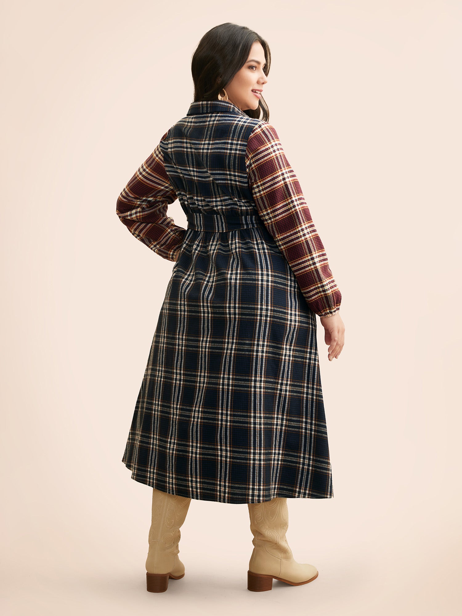 Shirt Collar Plaid Contrast Belted Dress