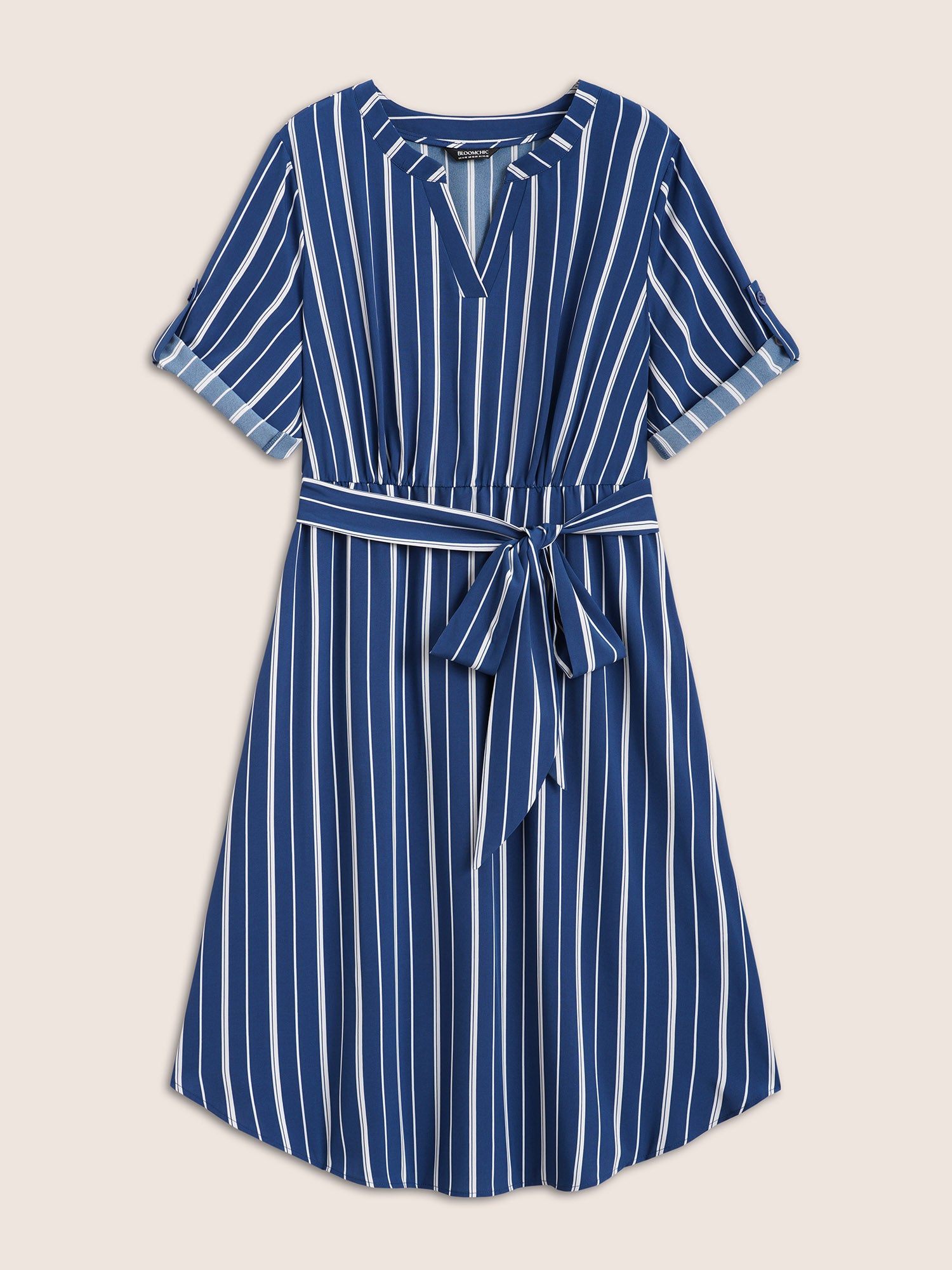 Notched Striped Button Cuff Sleeve Dress