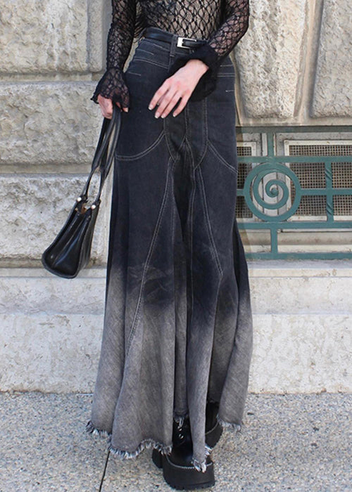Black Zippered High Waist Denim Fishtail Skirt Fall