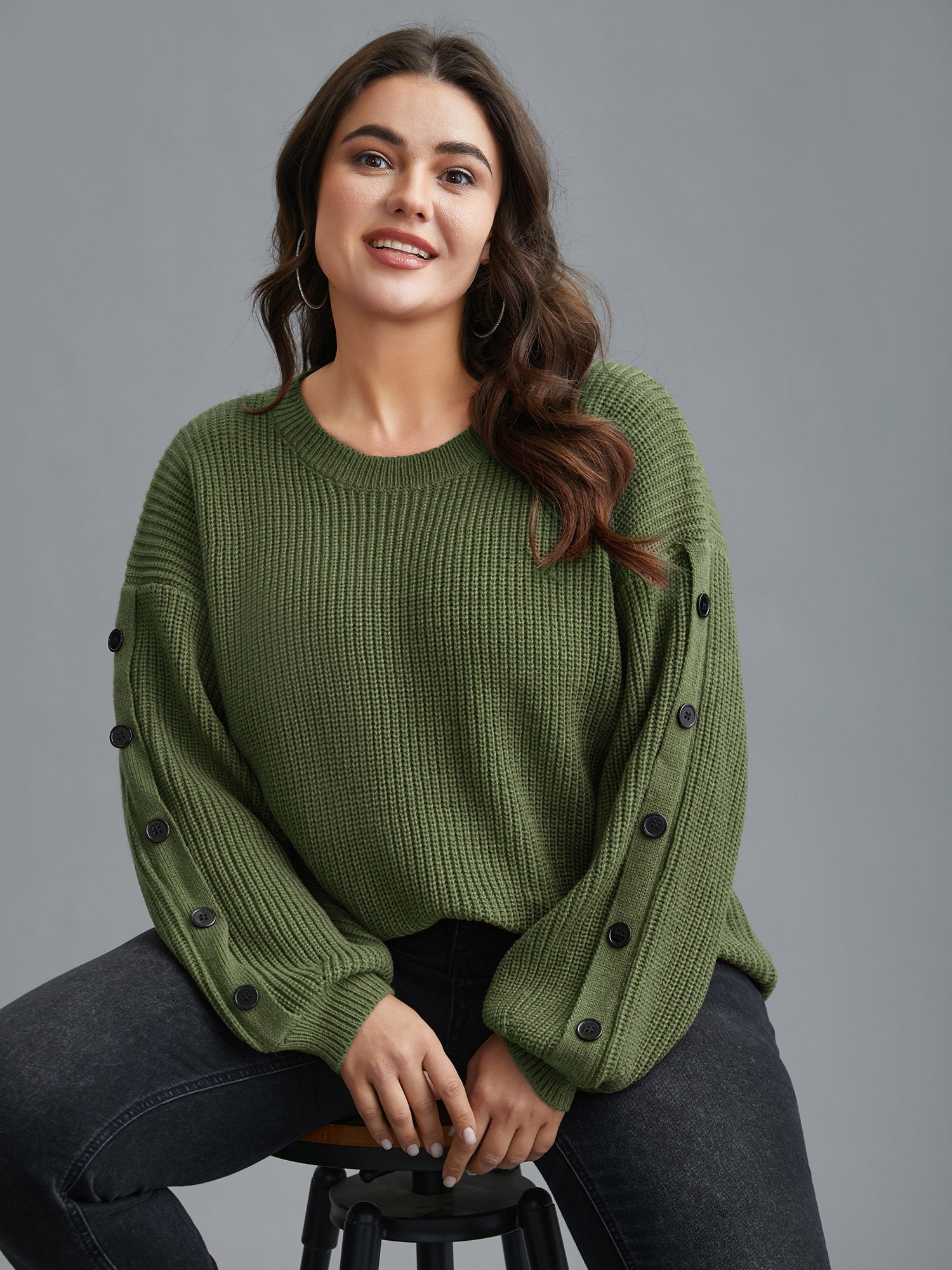 Textured Drop Shoulder Button Detailing Pullover
