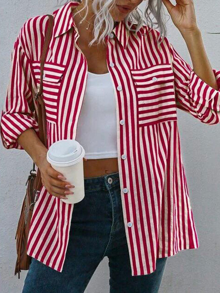 Casual Loose Striped Print Cardigan Long Sleeve Blouse