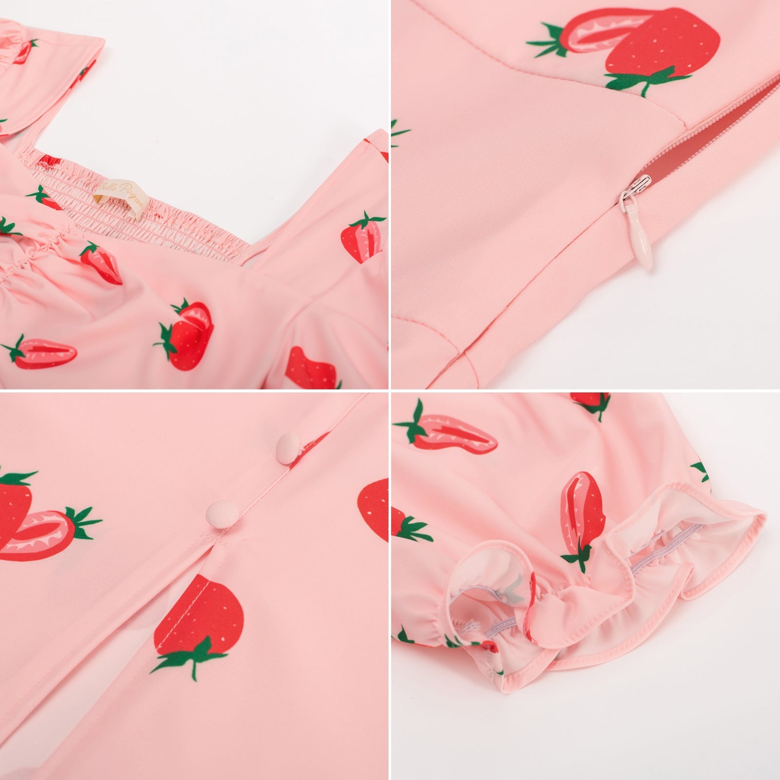 Vintage Cherry Patterns Front Slit Dress Puffed Short Sleeve Sweetheart Neck Dress