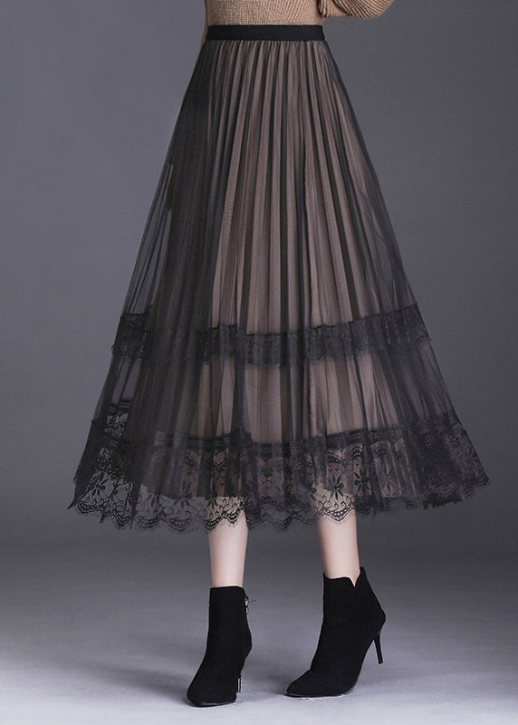 Black Lace Patchwork Pleated Wear on both sides Fall Skirt