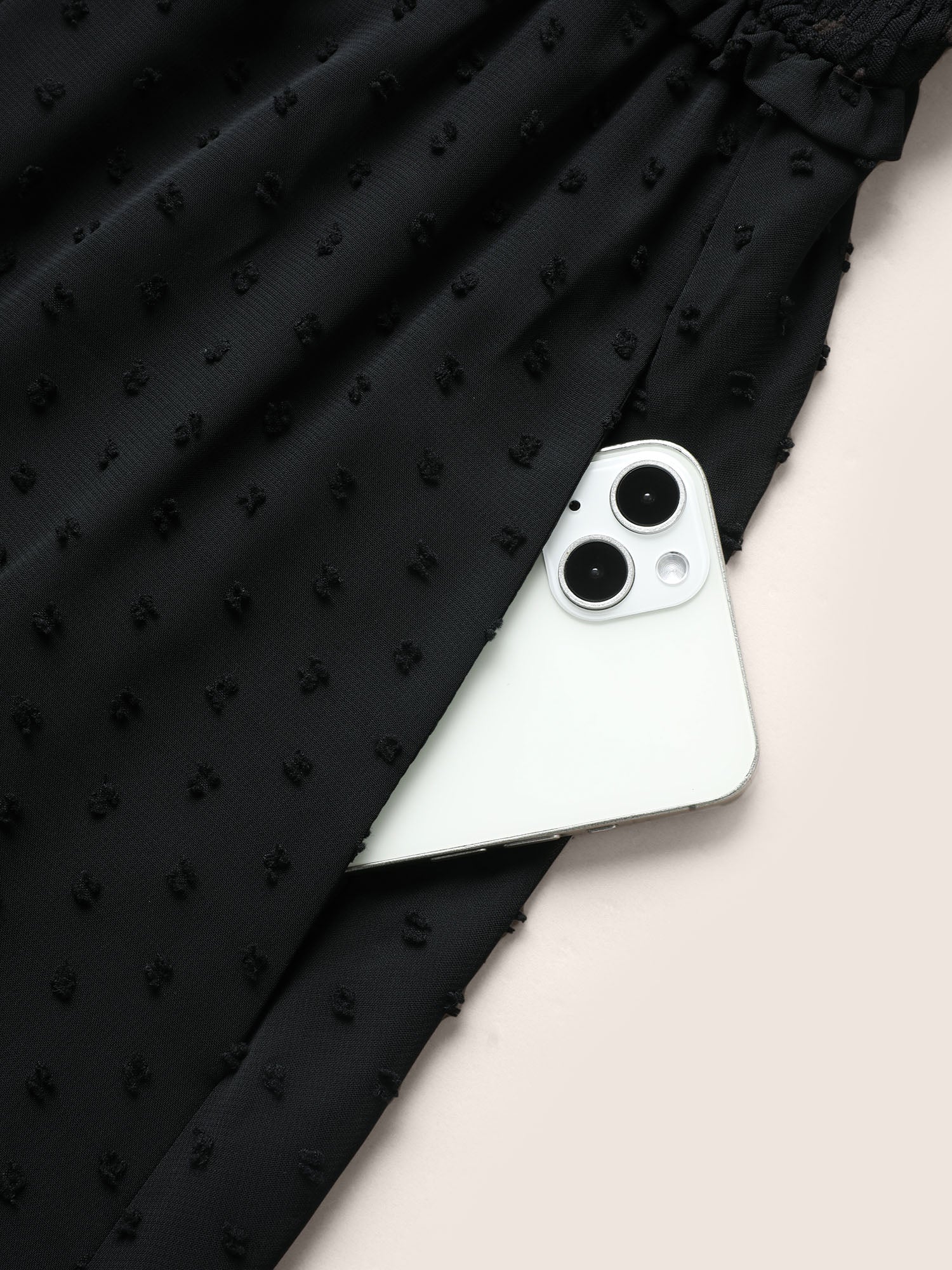 Polka Dot Textured Mesh Shirred Drawstring Dress