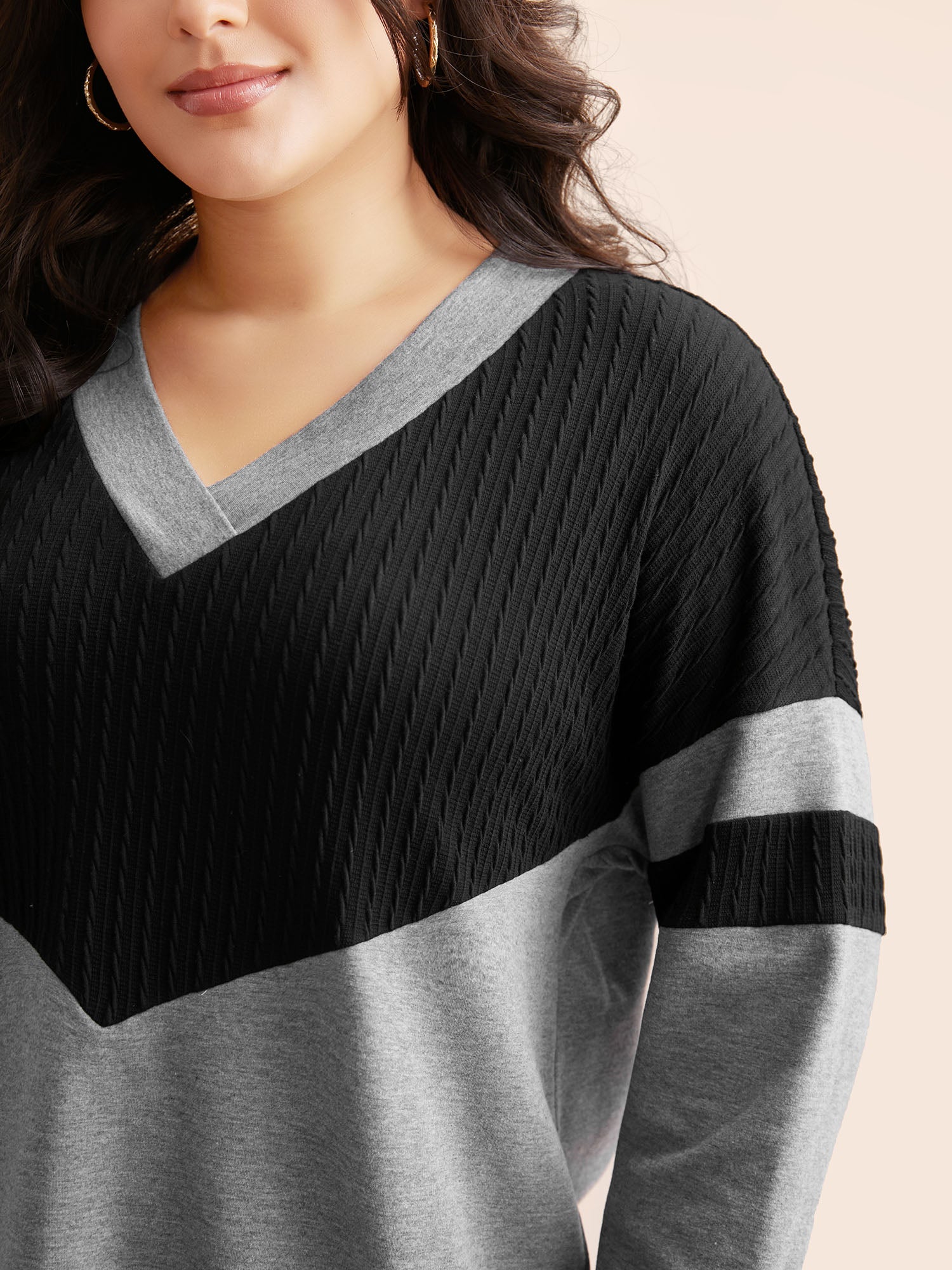 Texture Patchwork Contrast V Neck Sweatshirt