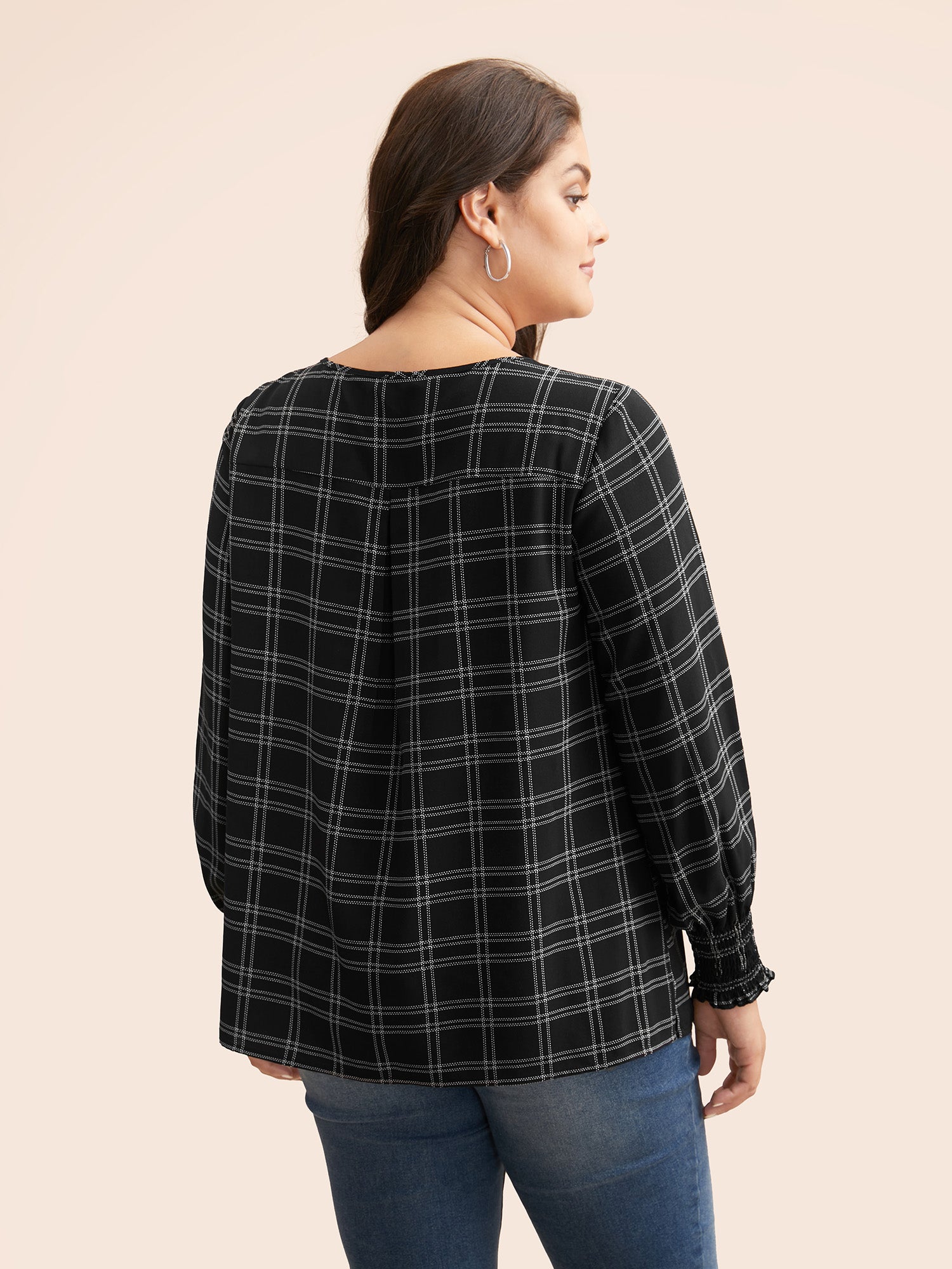 Plaid Gathered Lantern Sleeve Blouse