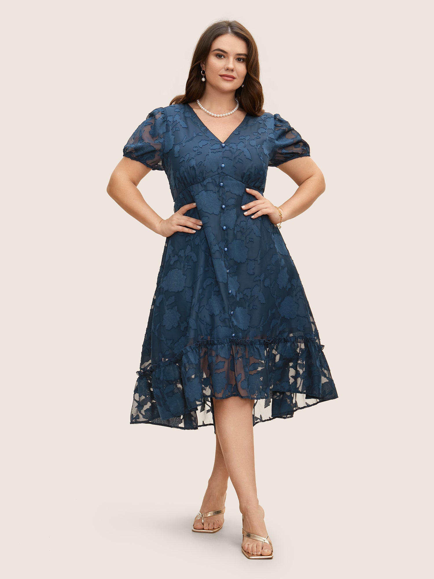 Textured Mesh Puff Sleeve Button Detail Dress