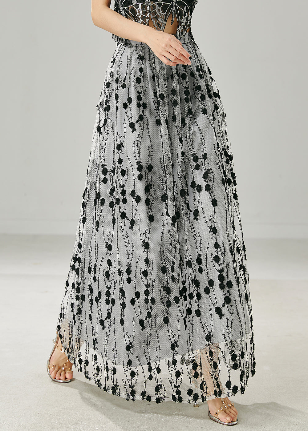 Bohemian Grey Embroidered Silm Fit Tulle Skirt Summer