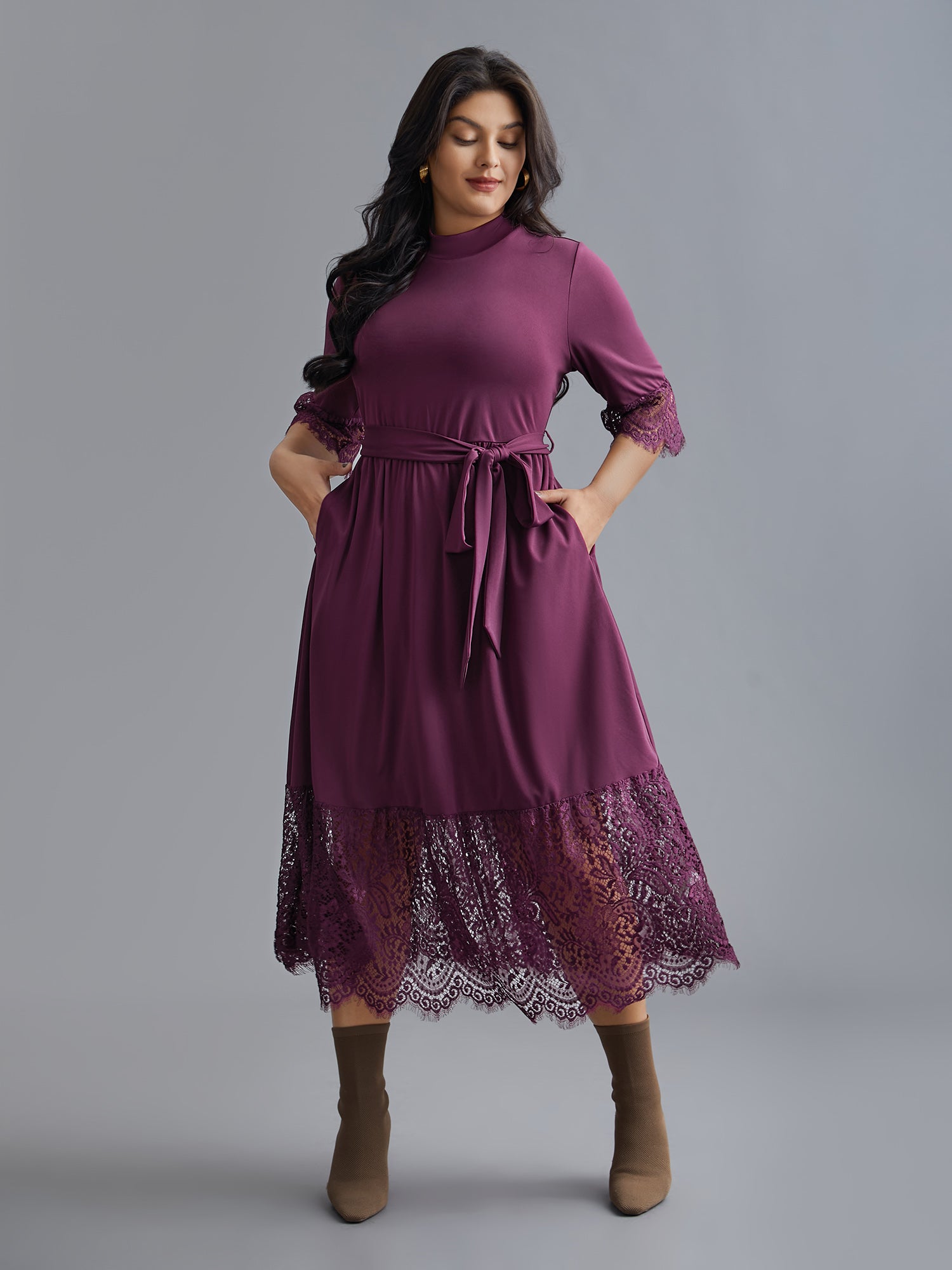 Mock Neck Crochet Lace Belted Dress