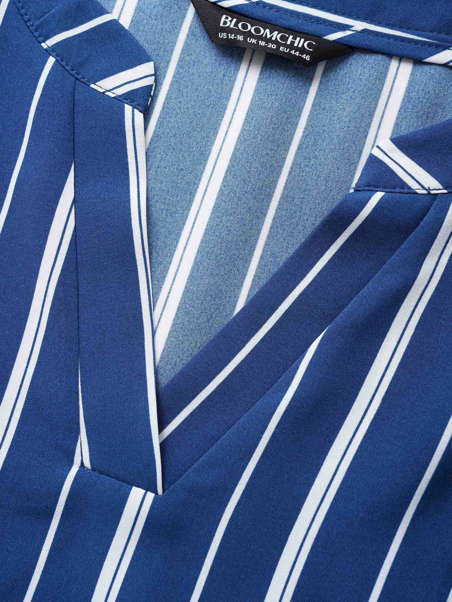 Notched Striped Button Cuff Sleeve Dress