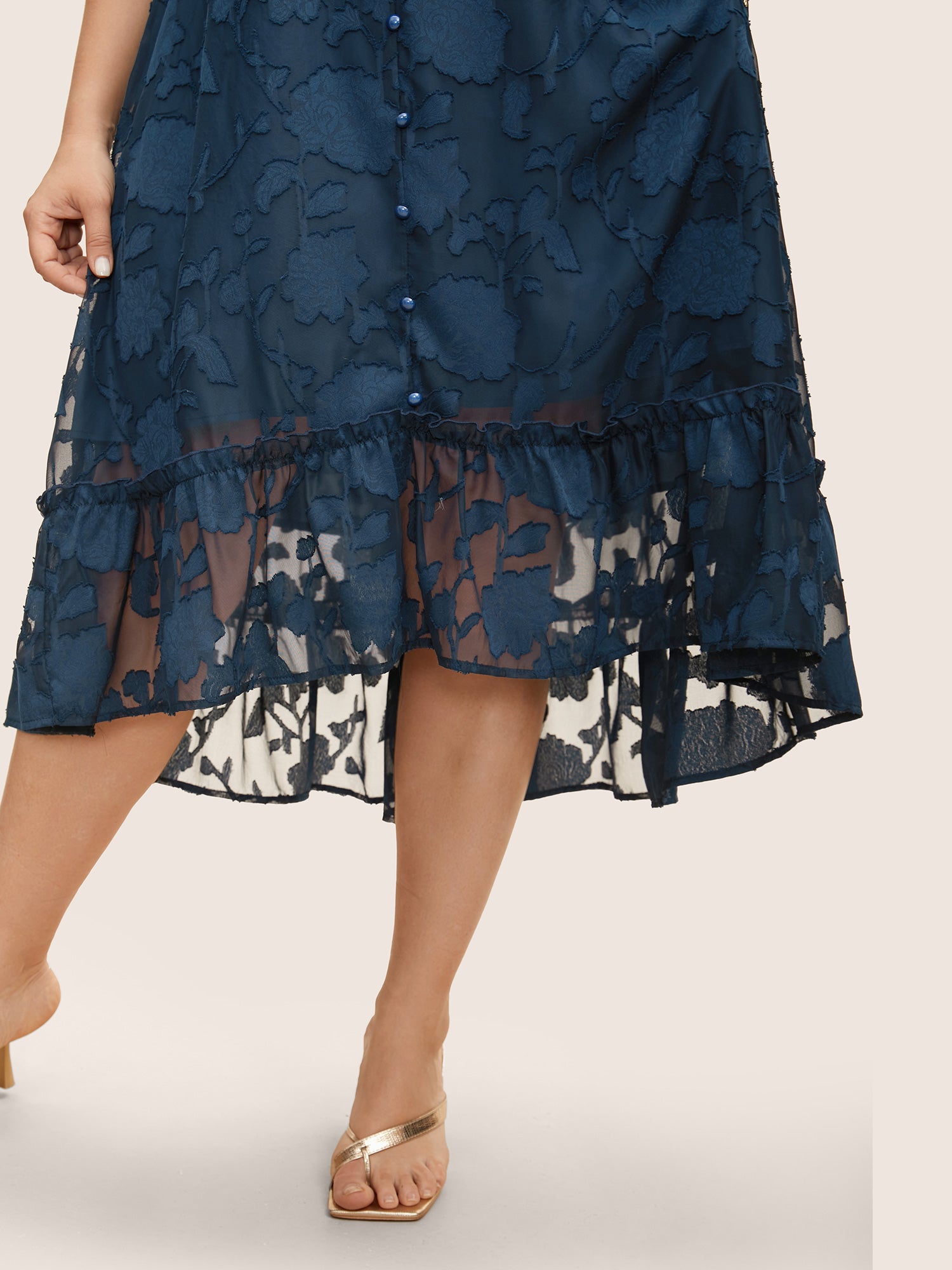 Textured Mesh Puff Sleeve Button Detail Dress