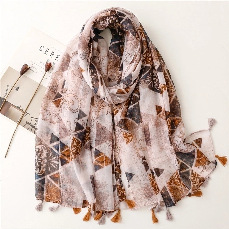 Yarn Cotton Linen Scarf Caramel Contrast Color Carving Floral Tassel Scarf Shawl