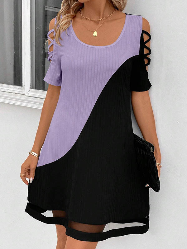 A-Line Loose Contrast Color Hollow Mesh Split-Joint Cold Shoulder Mini Dresses